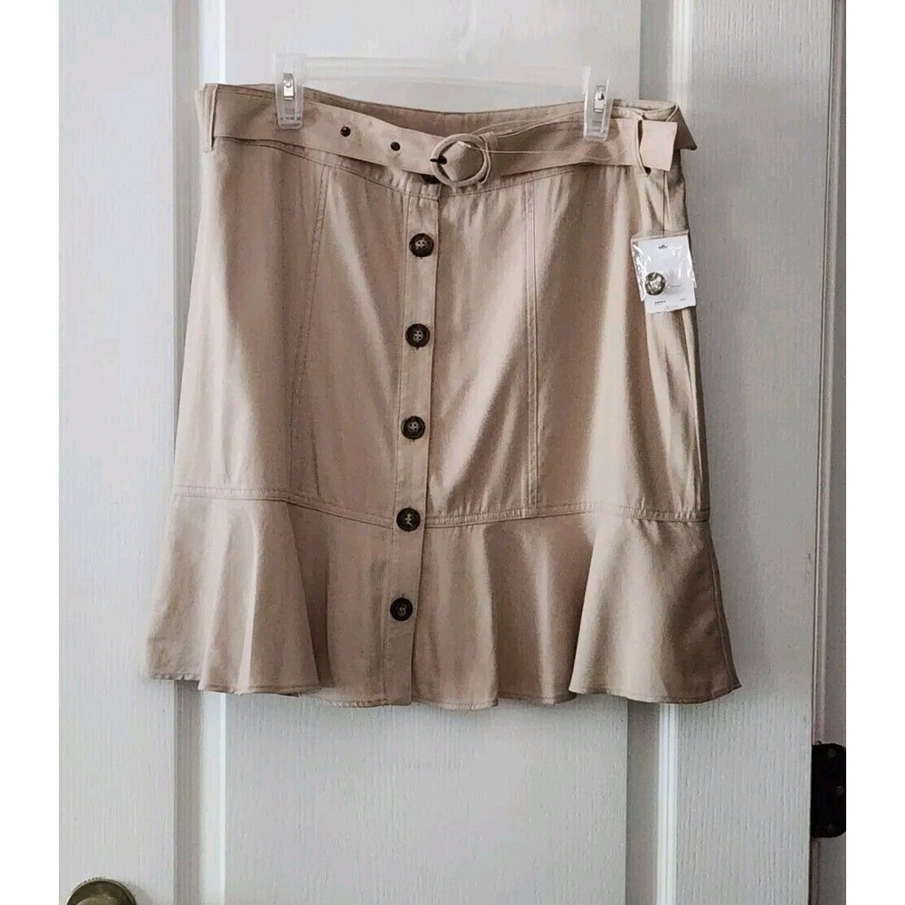 Womens Nine West Print Button-Front Self Belt Utility Flounce Skirt Beige Size L